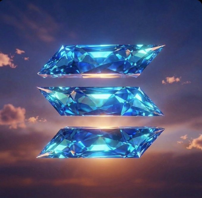Three stacked, faceted blue crystal or diamond-like shapes float against a sunset sky with warm orange clouds.