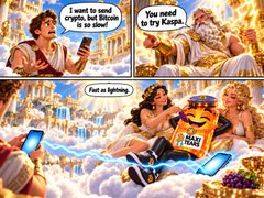 The image shows a four-panel comic where a man on a rooftop wishes to send crypto, causing lightning strikes and clouds to summon a godlike figure who tells him to "Flee as lightning," with the final panel showing the man reclining on clouds drinking from a cup that says "I LIKE MY COFFEE." This ties into the post "Feel like Zeus" by humorously depicting a coffee promotion with divine, Zeus-like imagery.