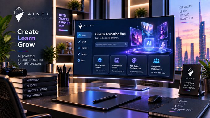 A promotional graphic for "AINFT - Create Learn Grow," an AI-powered education hub for NFT creators featuring a modern computer setup with menu options for Learn, Create, Improve, Explore, and Earn.