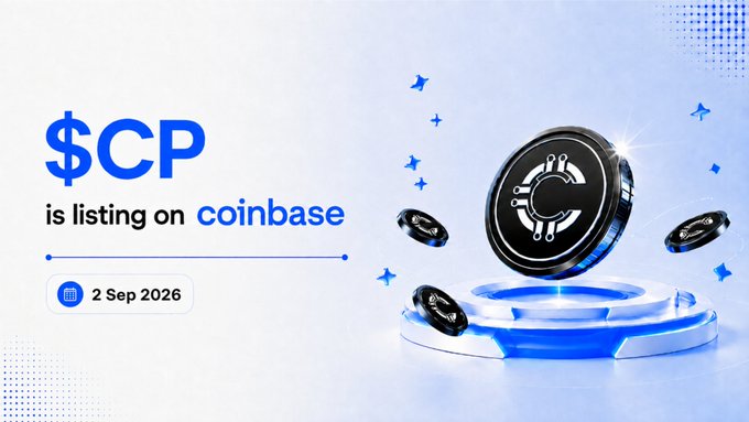 A promotional graphic announces "$CP is listing on coinbase" on September 2, 2026, featuring 3D rendered crypto coins with a circuit-style logo design. The image visually reinforces the post's message about The Rails receiving its ticker on Coinbase the following day.