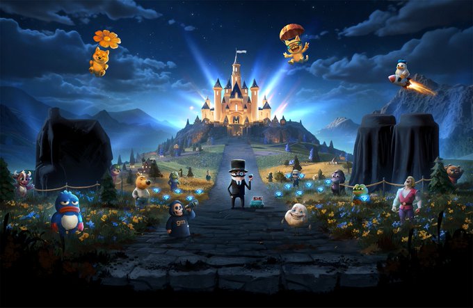 A whimsical nighttime fantasy scene features a glowing castle on a hill, with a silhouetted figure in a top hat standing at the center of a stone path lined with glowing blue diamond symbols. Various meme characters—including a penguin, Shiba Inu dog, Pepe frog, and flying figures—surround the scene, fitting the "Return to memes" theme by evoking classic crypto meme imagery.