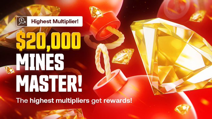 A promotional banner advertising a '$20,000 MINES MASTER' contest with 'Highest Multiplier!' tag, featuring imagery of gold gems, dynamite, and bombs on a red background with the tagline 'The highest multipliers get rewards!'