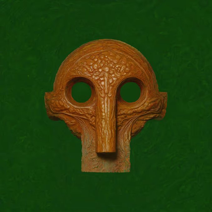 A textured, rusty-orange sculpted face mask with hollow eyes and a long nose against a dark green background.