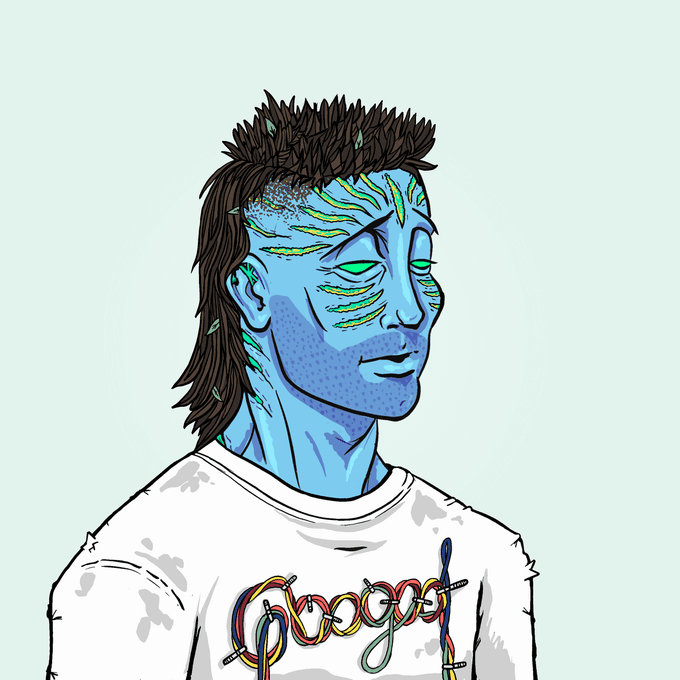 A digital illustration of a blue-skinned humanoid character with green facial markings wearing a white t-shirt featuring a Google logo made of intertwined cords.