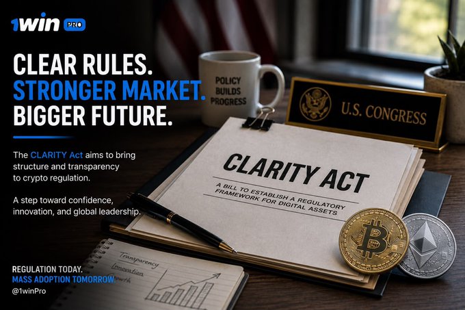 A 1win Pro promotional banner about the CLARITY Act, with the slogan 'CLEAR RULES. STRONGER MARKET. BIGGER FUTURE.' and a notebook labeled 'CLARITY ACT - A BILL TO ESTABLISH A REGULATORY FRAMEWORK FOR DIGITAL ASSETS' alongside Bitcoin and Ethereum coins.