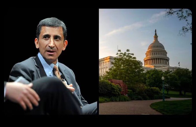 A man in a gray suit speaks on stage, with the U.S. Capitol Building visible in a side panel, contextualizing Coinbase policy officer Faryar Shirzad's comments about the CLARITY Act and crypto lobbying efforts in Washington.