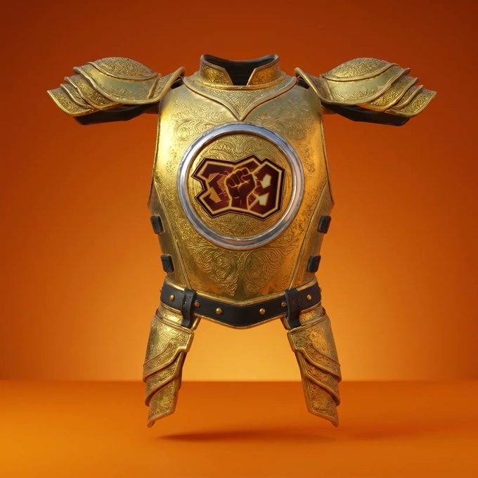 A gleaming gold-plated cuirass armor with ornate engravings, featuring a central emblem that reads "369" with a raised fist, is displayed against a vibrant orange backdrop. The armor represents the limited edition "Geez 369" collectible available exclusively to 369 members on openpage.fun.