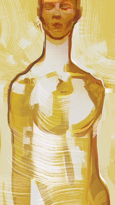 A digital or painted artwork in warm yellow and ochre tones depicting a stylized human figure with textured, brushstroke-like patterns.