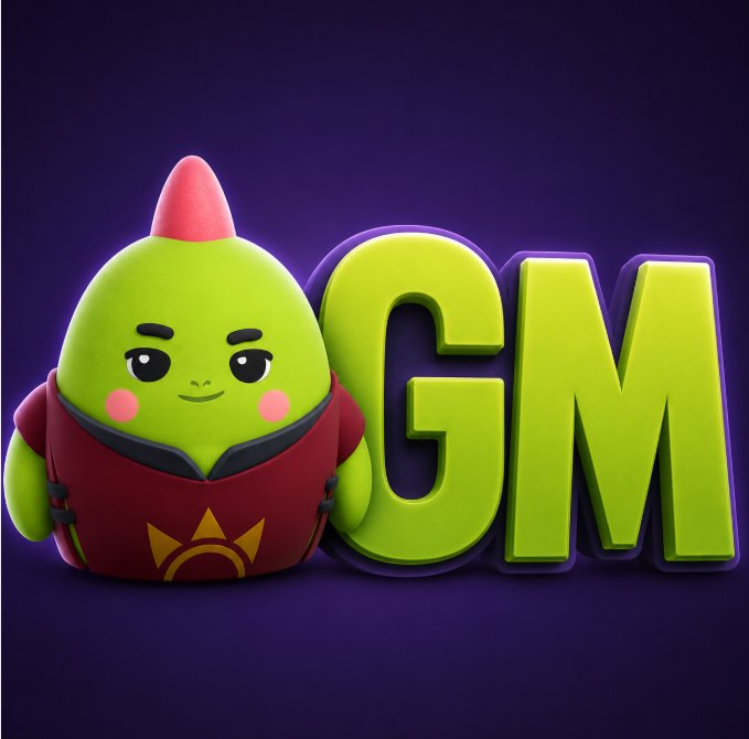 A 3D cartoon character with a green body and red shirt stands next to large green letters spelling 'GM' on a dark purple background.