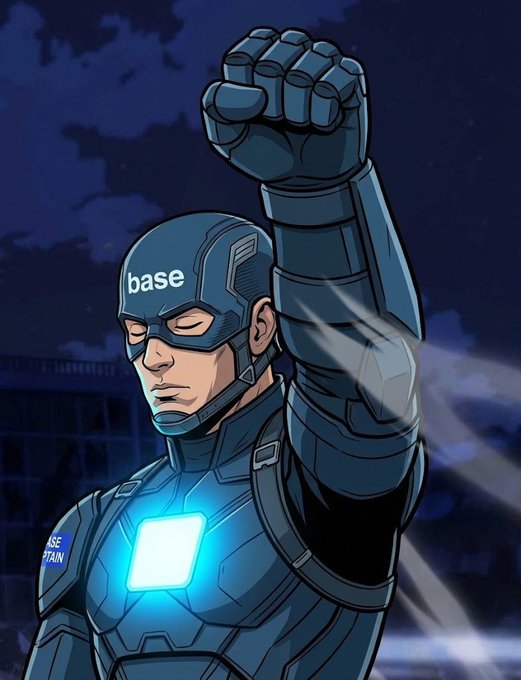 The image features a comic book-style superhero wearing a blue armored suit with "base" on the helmet and a glowing chest emblem, raising a fist triumphantly against a nighttime cityscape. The character's armored, heroic appearance visually reinforces the post's message that "Base is for everyone," positioning the blockchain as an all-encompassing, empowering force for diverse users.