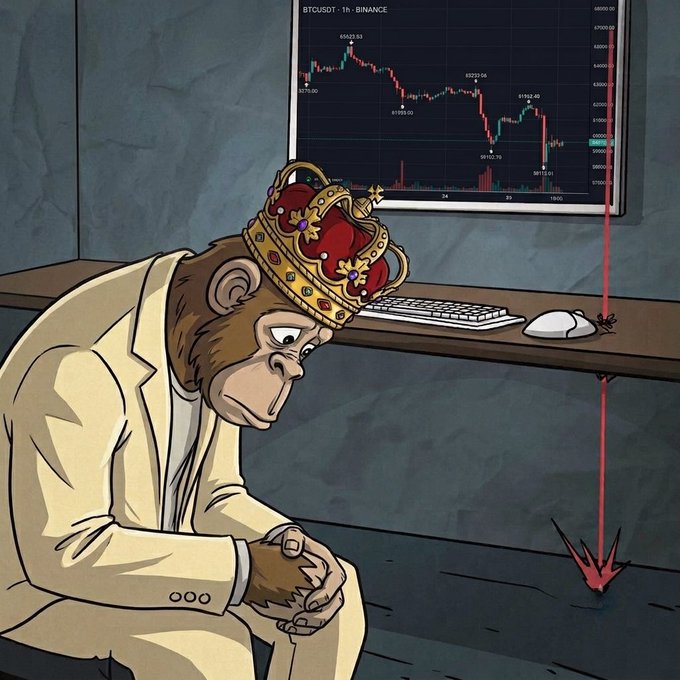 An illustration depicts a sad monkey wearing a crown and white suit, looking at a computer screen showing a downward-trending BTC/USDT Binance trading chart.