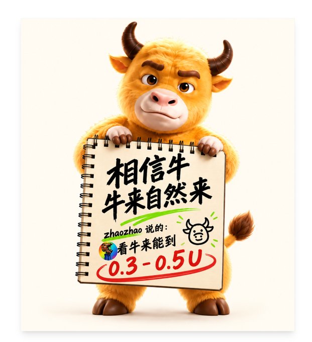 A cute 3D-rendered cartoon bull with orange fur holds up a notebook displaying Chinese text '相信牛 牛来自然来' and 'zhaozhao 说的: 看牛来熊到 0.3-0.5U'.