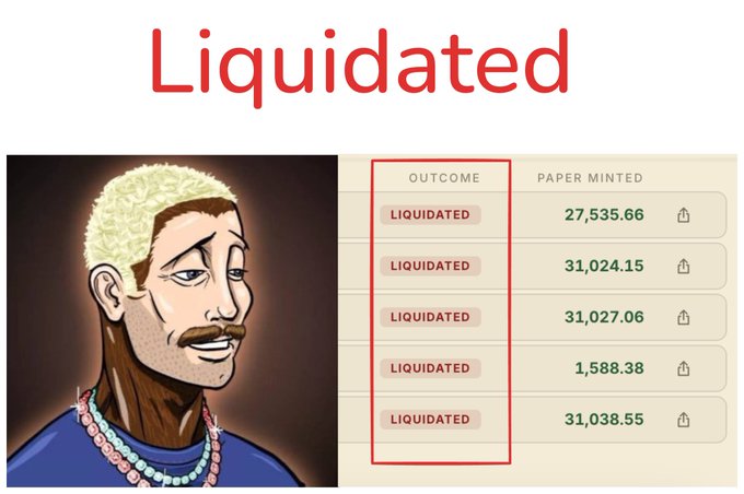An image titled 'Liquidated' shows a cartoon man with blonde hair alongside a list of multiple 'LIQUIDATED' outcomes for paper minted.