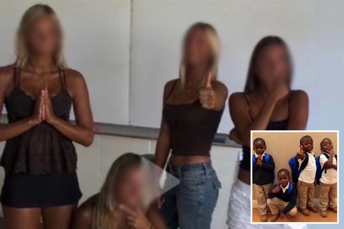 Several women with blurred faces pose in dark tank tops, with an inset image showing young boys in suits mimicking their poses.