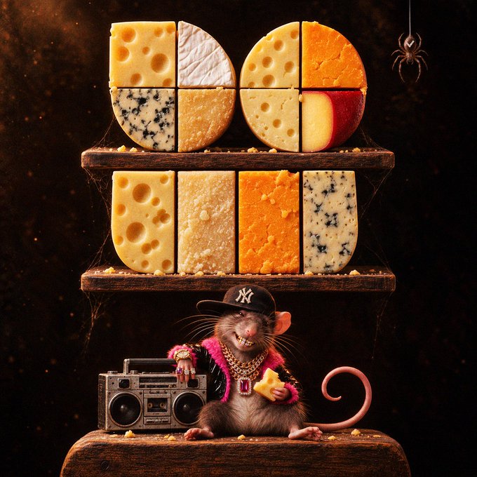 A stylized image of a smiling mouse wearing a New York Yankees cap, gold chains, and a pink fur jacket, holding a piece of cheese while leaning against a boombox, with shelves of various cheeses displayed above.