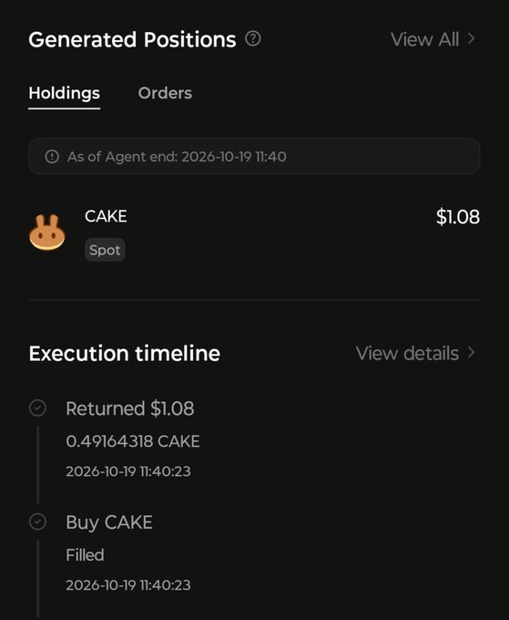 A mobile app screen displays 'Generated Positions' with a CAKE holding worth $1.08, showing an execution timeline of buying and returning CAKE on 2026-10-19.