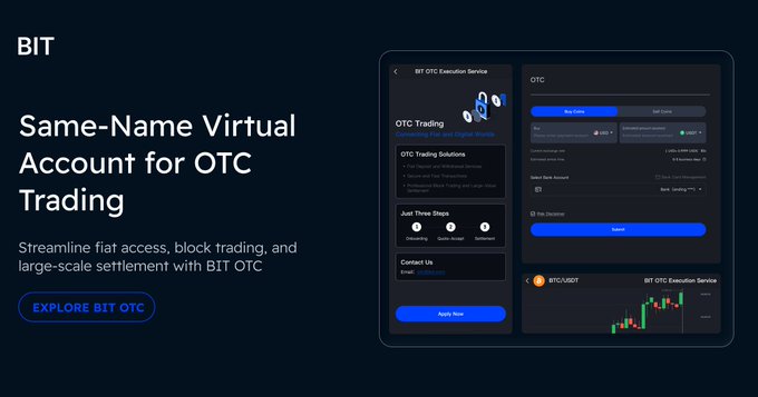 A dark-themed promotional banner for BIT's OTC trading service, headlined 'Same-Name Virtual Account for OTC Trading' with a call-to-action button reading 'EXPLORE BIT OTC' alongside a mockup of the BIT OTC Execution Service interface.