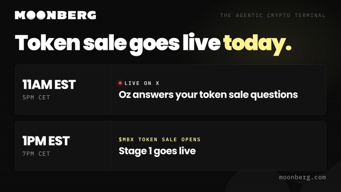 A promotional graphic for Moonberg announcing that the $MBX token sale goes live today, with Oz hosting a live Q&A on X at 11AM EST (5PM CET) followed by Stage 1 of the token sale opening at 1PM EST (7PM CET).