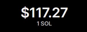 A black screen displaying the cryptocurrency price '$117.27' with '1 SOL' underneath, indicating the value of one Solana token.