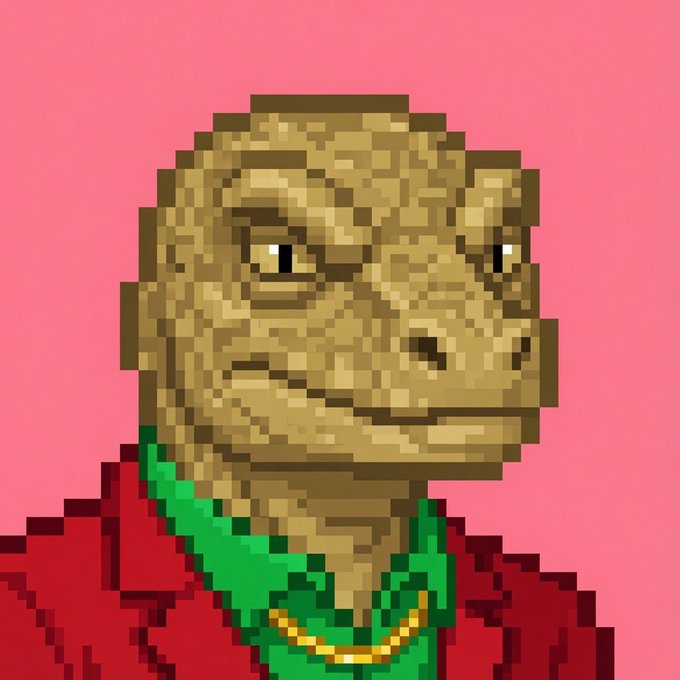 A pixel art portrait of a reptilian character wearing a red jacket, green bandana, and gold chain against a pink background.
