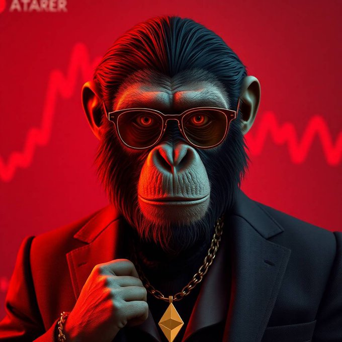 A digital art piece by ATARER depicting a chimpanzee wearing glasses, a dark suit, a gold chain with an Ethereum pendant, set against a red background with a declining stock chart line.