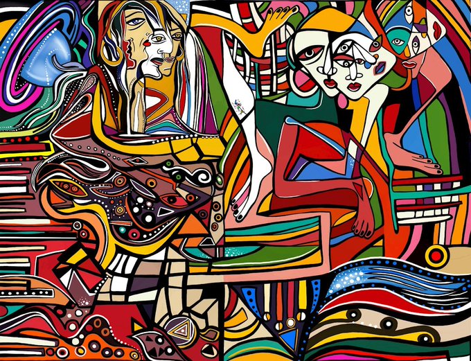 A vibrant, cubist-style painting filled with abstract human figures, fragmented faces, geometric patterns, and bright contrasting colors like red, yellow, and blue.