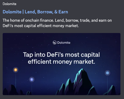 Advertisement for Dolomite, a DeFi money market platform, with text 'Dolomite | Lend, Borrow, & Earn' and 'Tap into DeFi's most capital efficient money market.' displayed over a dark, mountainous night landscape.