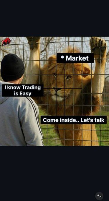 A meme-style image showing a person facing a lion behind a cage fence, with text overlays reading "I know Trading is Easy" from the person, "* Market" from the lion, and "Come inside.. Let's talk" from the lion.