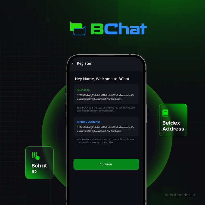 A promotional image for 'BChat' displaying a smartphone registration screen with BChat ID and Beldex Address fields, alongside icons for 'Bchat ID' and 'Beldex Address'.