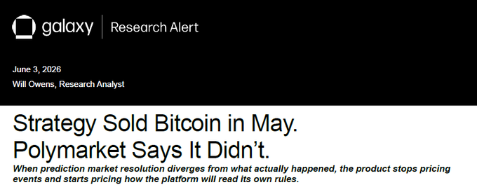 The image shows an email from Galaxy Research Alert, which discusses a strategy for selling Bitcoin. The email contains text that reads "Strategy Sold Bitcoin in May. Polymarket Says It Didn't. When prediction market resolution diverges from what actually happened, the product steps pricing events and starts pricing how the platform will read its own rules." This message is related to the post because it discusses a strategy for selling Bitcoin, which is something Galaxy Research Alert has been covering on their blog.