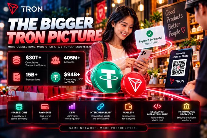 Promotional graphic for TRON blockchain titled 'THE BIGGER TRON PICTURE' highlighting ecosystem stats including $30T+ cumulative transaction volume, 405M+ accounts, 15B+ transactions, and $94B+ circulating USDT.