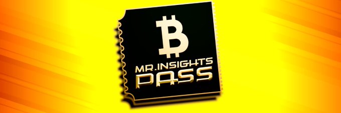 A 3D graphic displays a black book with a Bitcoin 'B' logo and the text 'MR. INSIGHTS PASS' against a bright yellow background.