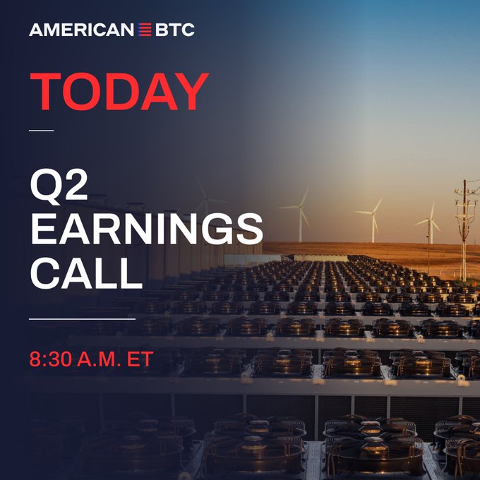 A promotional graphic for American BTC announcing a Q2 Earnings Call today at 8:30 A.M. ET, featuring an image of wind turbines and rows of industrial equipment at sunset.