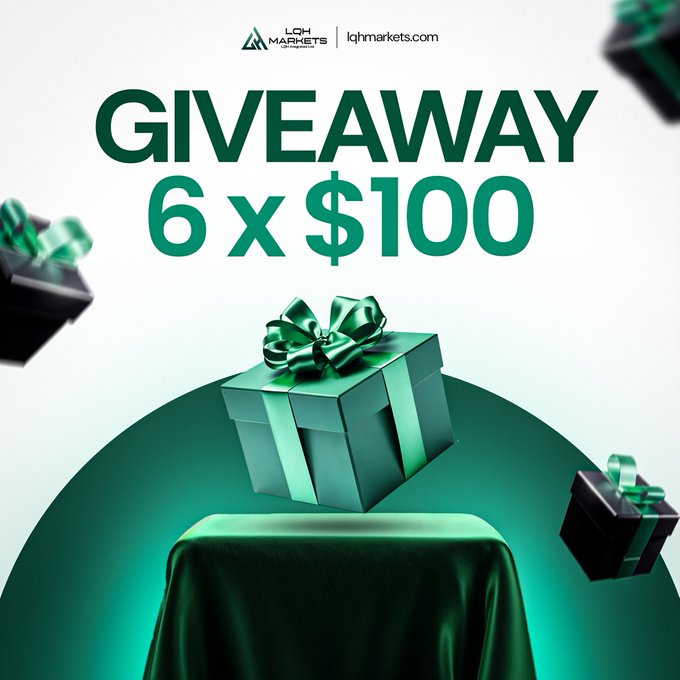 A giveaway advertisement for "LQH MARKETS" (lqhmarkets.com) offering "6 x $100" with green gift boxes on a green draped table.