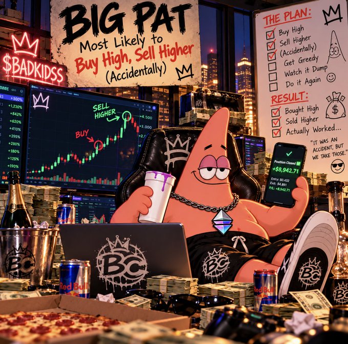A digital illustration titled 'BIG PAT' depicting a meme character labeled 'Most Likely to Buy High, Sell Higher (Accidentally),' surrounded by trading screens, stacks of cash, Red Bull cans, and a whiteboard outlining the flawed trading plan.