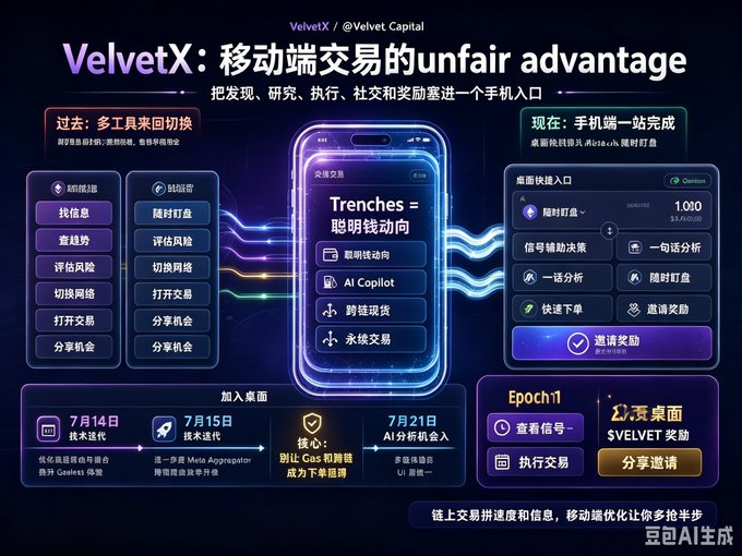 An infographic promoting "VelvetX: 移动端交易的unfair advantage" (Mobile Trading's Unfair Advantage) from @VelvetX / @Velvet Capital, contrasting past multi-tool switching with present all-in-one mobile trading access via "Trenches" features like AI Copilot and cross-chain trading, alongside a roadmap (7/14, 7/15, 7/21) and Epoch 11 rewards.