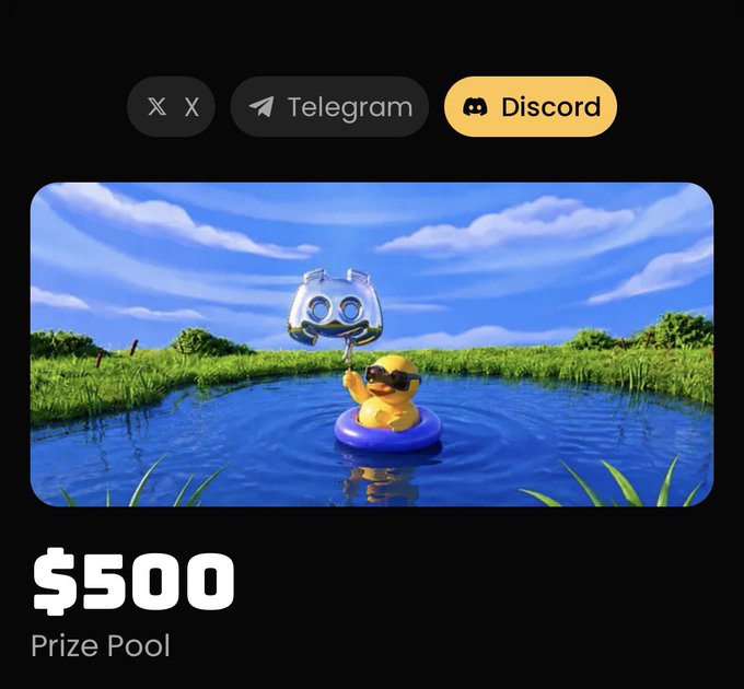A promotional image for a $500 prize pool giveaway, featuring buttons for X, Telegram, and Discord, with an illustration of a rubber duck wearing sunglasses floating in a pond beneath the Discord mascot logo.