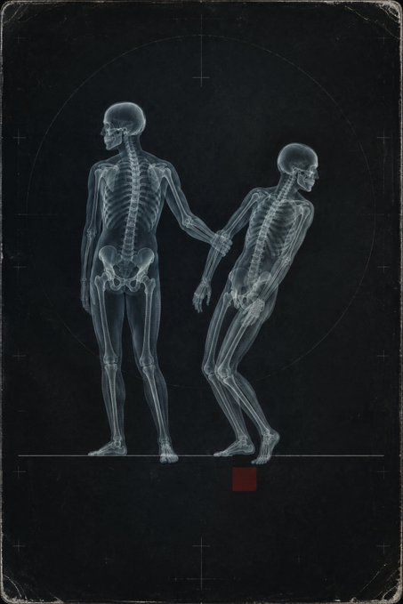 A vintage-style X-ray illustration showing the skeletal figures of two men standing side-by-side on a dark background with circular and cross markings.