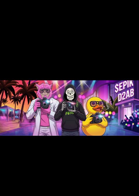 A colorful cartoon illustration featuring three characters—a pink cat-like figure, a hooded figure with a skull face, and a yellow duck—all holding cameras against a neon-lit city background with the text 'SEPIK D2AB'.