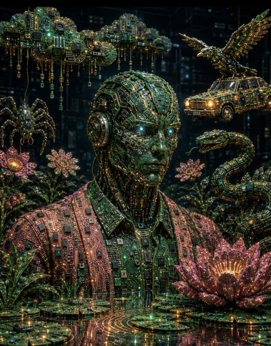 A circuit-board humanoid figure with glowing eyes is surrounded by metallic flora, a snake, an eagle, and a hovering car against a digital cityscape—visually reinforcing the "gm 𝕏 family, it's time to R3ORDR your PFP" call to refresh one's profile picture with this futuristic, AI-meets-nature aesthetic.