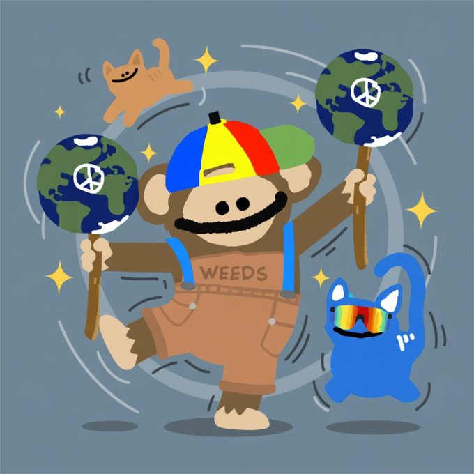 A cartoon illustration of a monkey wearing a colorful cap and a 'WEEDS' shirt, holding two globes with peace signs, accompanied by an orange cat and a blue cat with rainbow goggles.