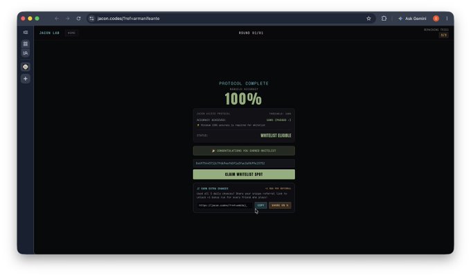 A web browser showing a token minting page titled 'PROTOCOL COMPLETE' at '100%', with 'RANDOM GENERATED', 'RARITY: 44%', and a 'CLAIM WHITELIST SPOT' button on a dark themed interface.