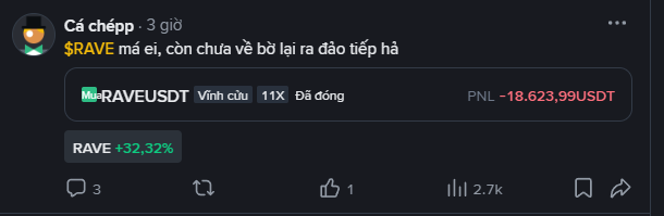 A Vietnamese social media post by user 'Cá chép' showing a trading position in RAVEUSDT that is currently in a loss, with PNL at -18,623.99 USDT despite RAVE showing +32.32% gain.