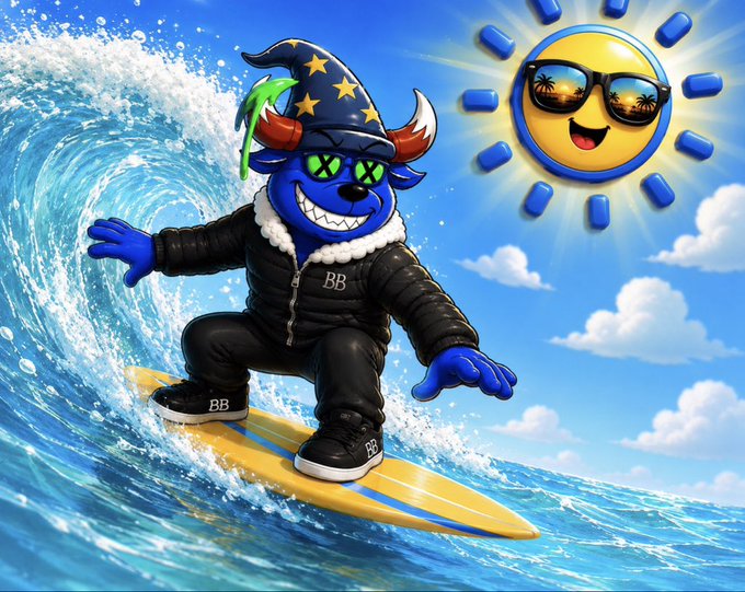 A blue cartoon character with red horns, "BB" lettering, and a starry wizard hat surfs a wave while wearing sunglasses, with a sunglasses-wearing sun beaming overhead, perfectly matching the fun, carefree vibe of asking the community what NFT to grab next.