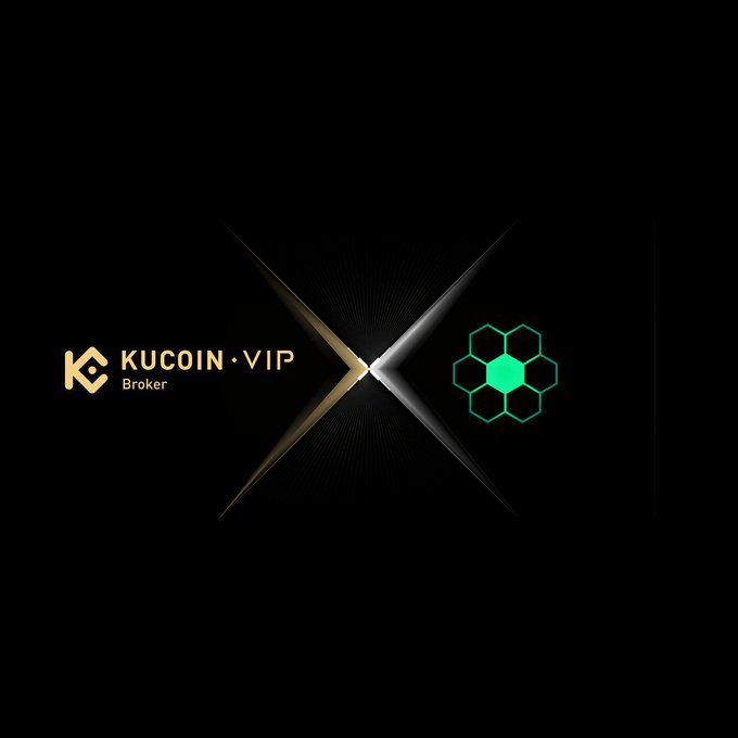 A promotional graphic on a black background displaying 'KUCOIN VIP Broker' logo on the left and a green hexagonal honeycomb logo on the right, connected by an X-shaped light effect.