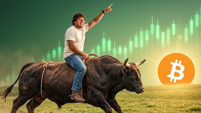 A man riding a black bull while pointing upward, set against a background of green candlestick charts and an orange Bitcoin logo, symbolizing a crypto bull market.
