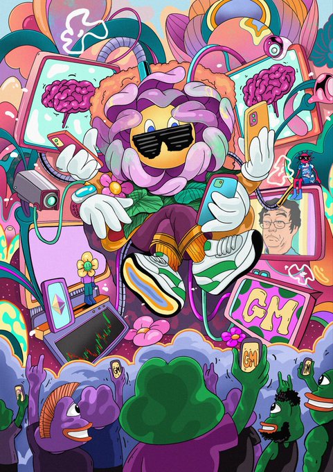 A vibrant, cartoon-style digital illustration featuring a central flower character wearing sunglasses, holding smartphones, surrounded by brain screens, tech elements, and a crowd of colorful characters below.