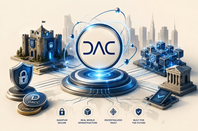 A promotional image for DAC cryptocurrency showing a central glowing DAC coin surrounded by imagery of a medieval castle, a shield with a padlock, an Ethereum-style building, and icons highlighting 'Quantum Secure,' 'Real World Infrastructure,' 'Decentralized Trust,' and 'Built for the Future.'