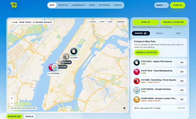 The image shows the Grass platform interface displaying a map of New York City with 5 active spawn points, including locations like "0.011 AAPL - Apple Fifth Avenue," "0.013 TSLA - Tesla Meatpacking," and "0.011 GOOGL - Google Chelsea." The sidebar shows available drops with GO buttons, connecting to the post's announcement about dropping stocks, tokens, and drinks around NYC during fashion week.