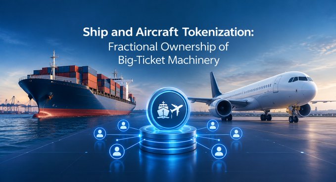 A promotional graphic reading “Ship and Aircraft Tokenization: Fractional Ownership of Big-Ticket Machinery,” showing a cargo ship, passenger jet, and digital ownership network.